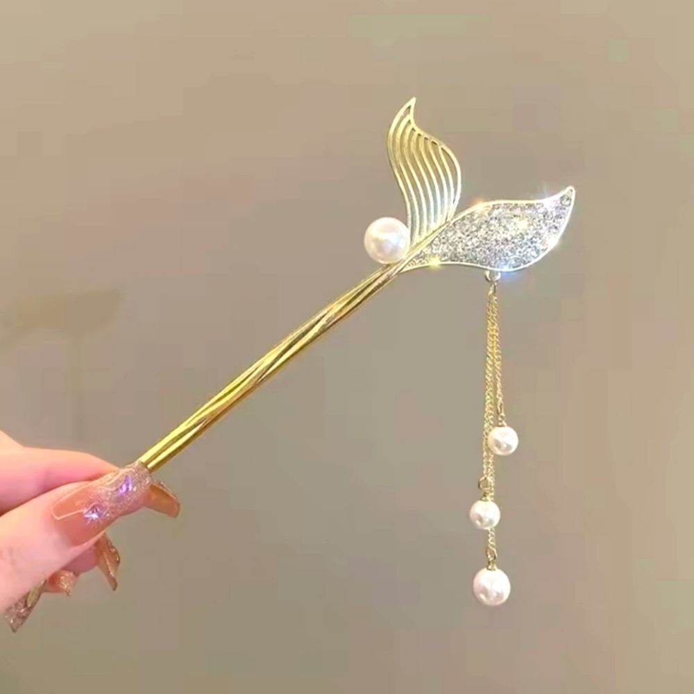 Brand New Gold Tone Fish Tail Rhinestone Pearl Hair Pin